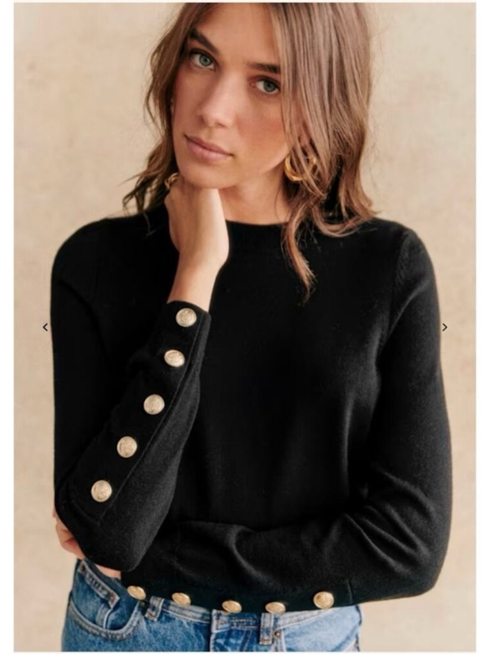 Sezane La Maille Black 100% Merino Wool Gold Button Paulo Jumper Preppy